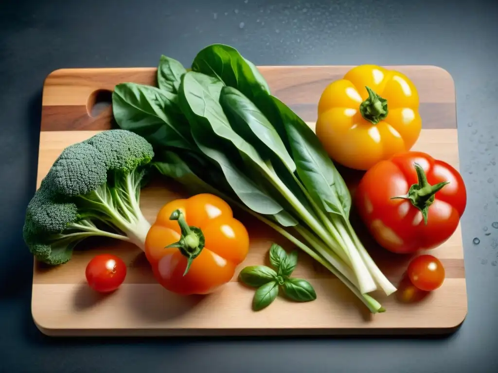 Una selección fresca de verduras y hierbas coloridas en tabla de madera, bajo luz natural