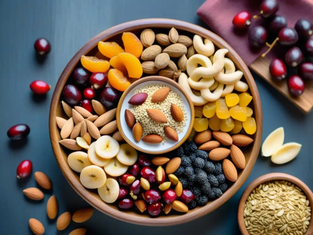 Una selección de frutos secos sin gluten de las mejores marcas, con almendras, anacardos, pistachos y frutas secas como albaricoques y arándanos, adornados con semillas de chía y lino, en un plato de madera