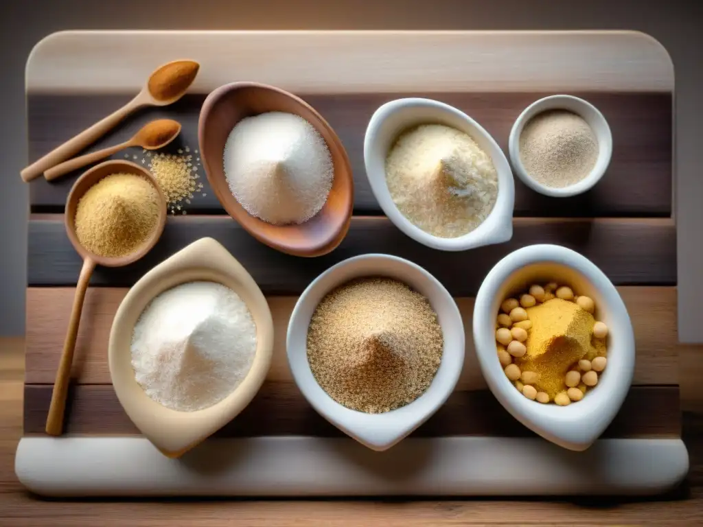 Una selección de harinas sin gluten para pastas, en bowls etiquetados sobre mesa de madera, iluminados por luz natural