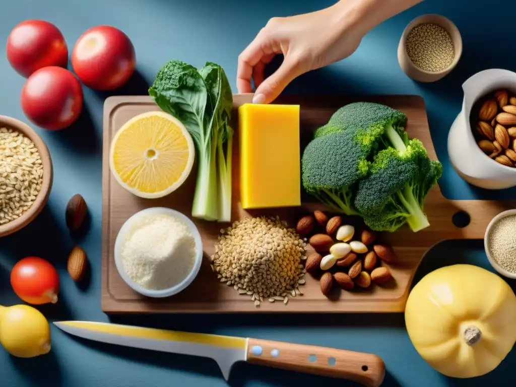 Una selección inspiradora de ingredientes coloridos sin gluten para deportistas, organizados en una tabla de cortar de madera