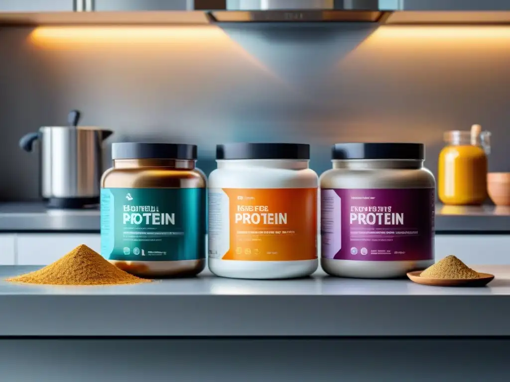 Suplementos proteicos sin gluten en cocina moderna Una selección de proteínas sin gluten en dieta, ordenadas en una cocina moderna con luz suave, resaltando sus colores vibrantes