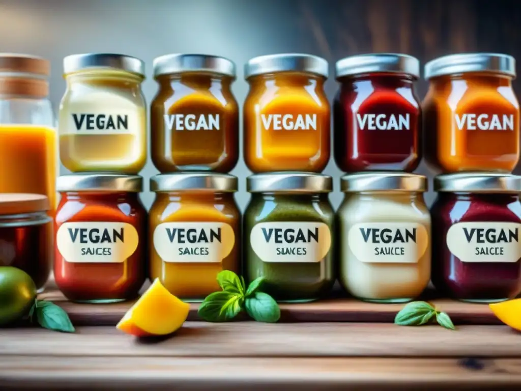 Una selección de salsas veganas sin gluten innovadoras en frascos de vidrio, sobre una mesa de madera rústica