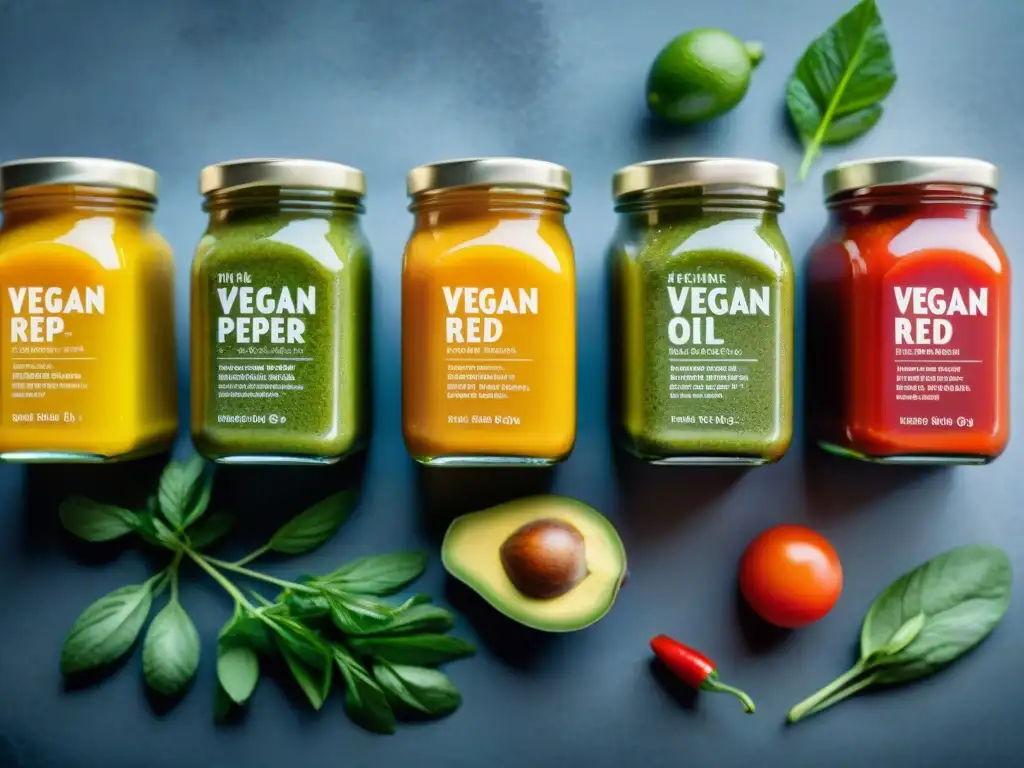 Una selección de salsas veganas sin gluten innovadoras en elegantes envases de vidrio, con etiquetas detalladas de sabores como 'Cilantro Limón' y 'Crema de Pimiento Rojo Asado'