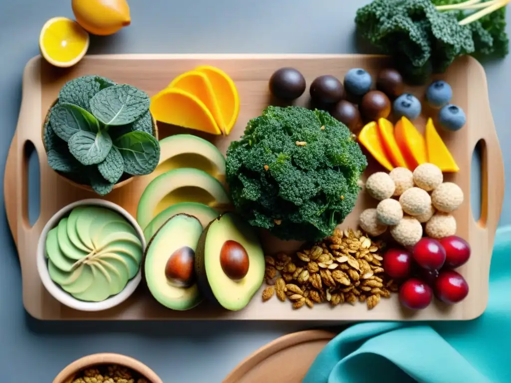 Una selección de snacks sin gluten para ejercicios, dispuestos de manera vibrante y deliciosa en una tabla de madera