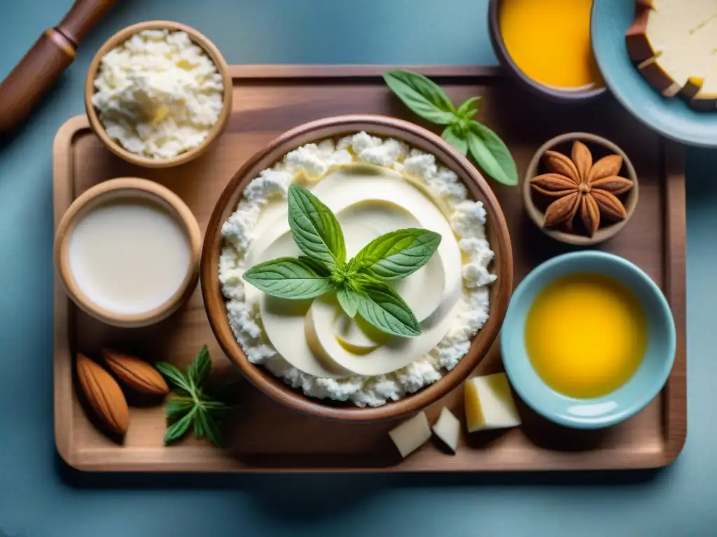 Una selección de sustitutos de queso crema sin gluten en elegantes platos sobre tabla rústica, destacando texturas y colores