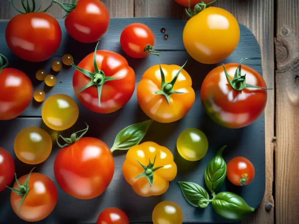 Una selección de tomates vibrantes y maduros, goteando agua, sobre una mesa de madera