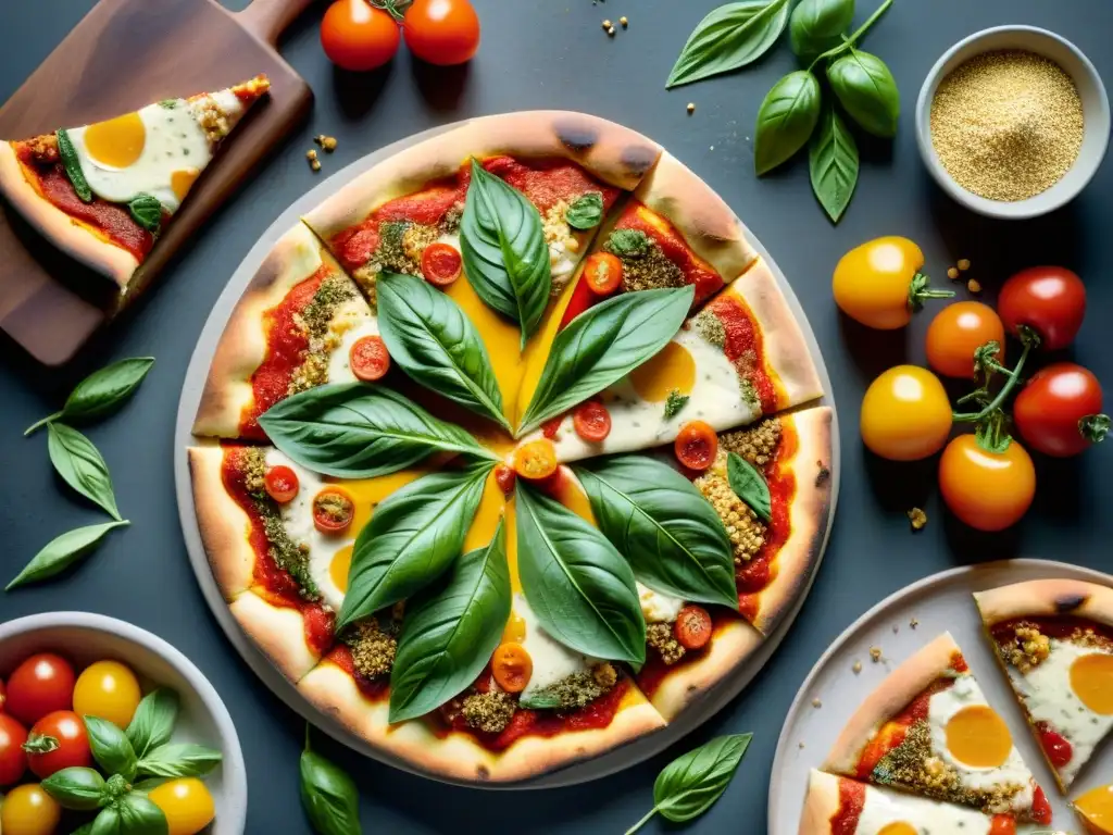 Una selección variada de pizzas sin gluten con harinas alternativas, toppings creativos y coloridos sobre una mesa rústica