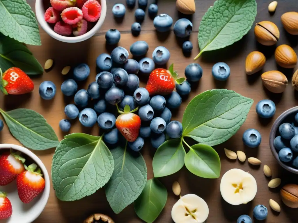 Una selección vibrante de alimentos ricos en antioxidantes, resplandecientes en una mesa de madera