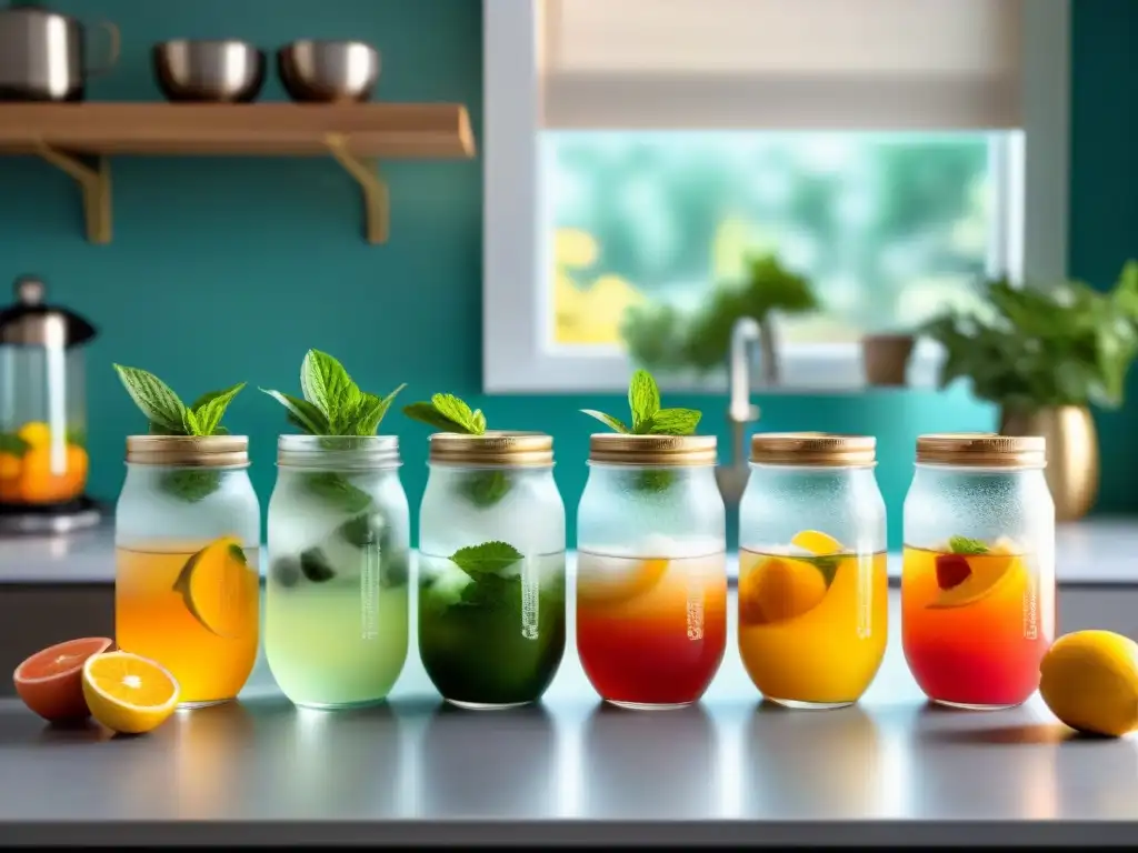 Variedad de bebidas saludables sin gluten en cocina moderna Una selección vibrante de bebidas sin gluten saludables en una cocina moderna y elegante