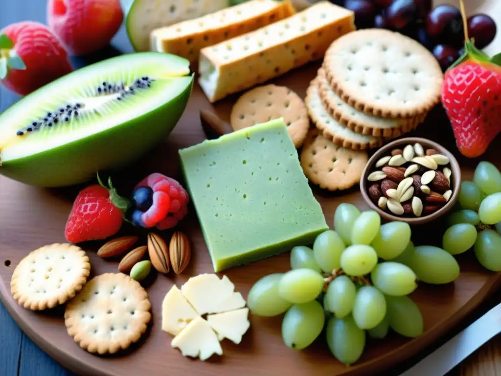 Una selección vibrante y detallada de snacks sin gluten saludables en un tablero de madera, resaltando frescura y color