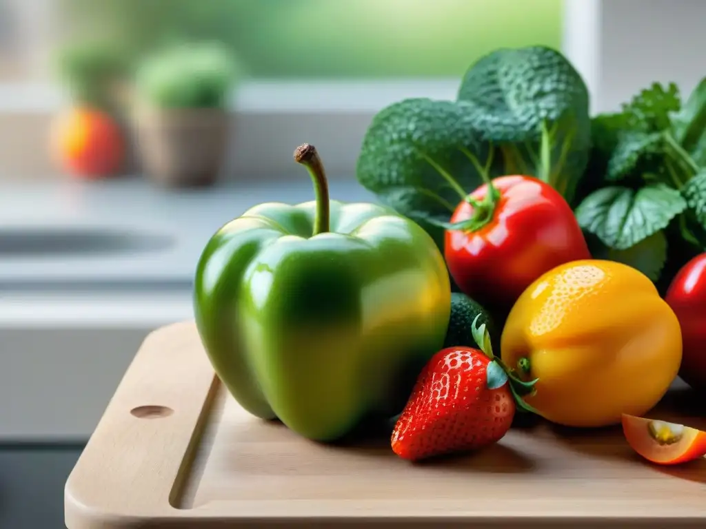 Una selección vibrante de frutas y verduras frescas en tabla de madera