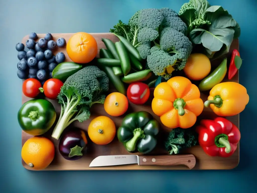 Una selección vibrante de frutas y verduras, como kale, arándanos, naranjas y pimientos, en una tabla de cortar de madera