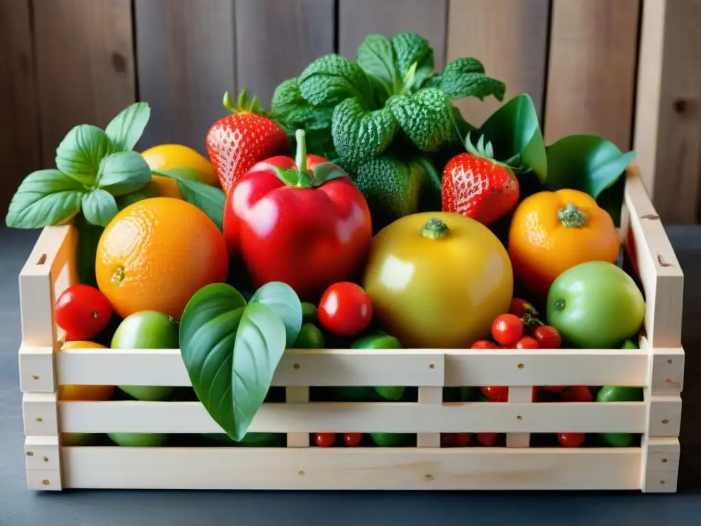 Una selección vibrante de frutas y verduras coloridas en una caja de madera rústica, frescas y apetitosas