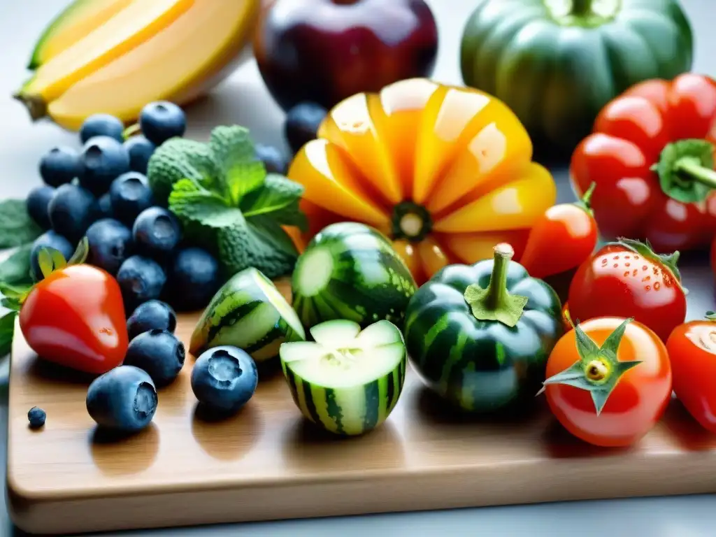 Una selección vibrante de frutas y verduras frescas en tabla de madera