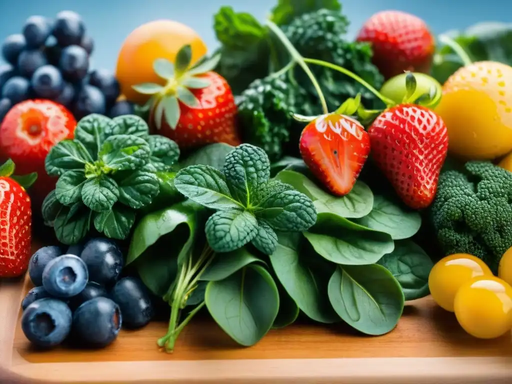 Una selección vibrante de frutas y verduras coloridas en una tabla de cortar de madera, ideal para bebidas probióticas caseras sin gluten