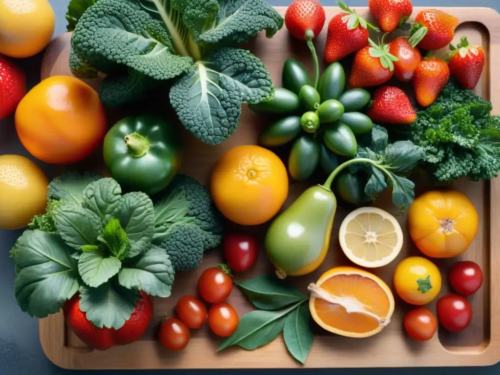 Una selección vibrante de frutas y verduras frescas en tabla de madera, ideal para cocinar sin gluten