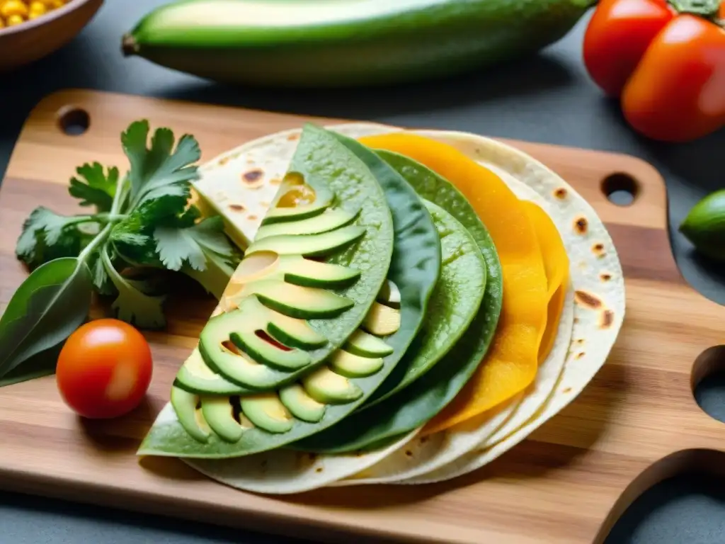 Una selección vibrante de ingredientes frescos para quesadillas sin gluten receta fácil, sobre tabla rústica bajo luz suave