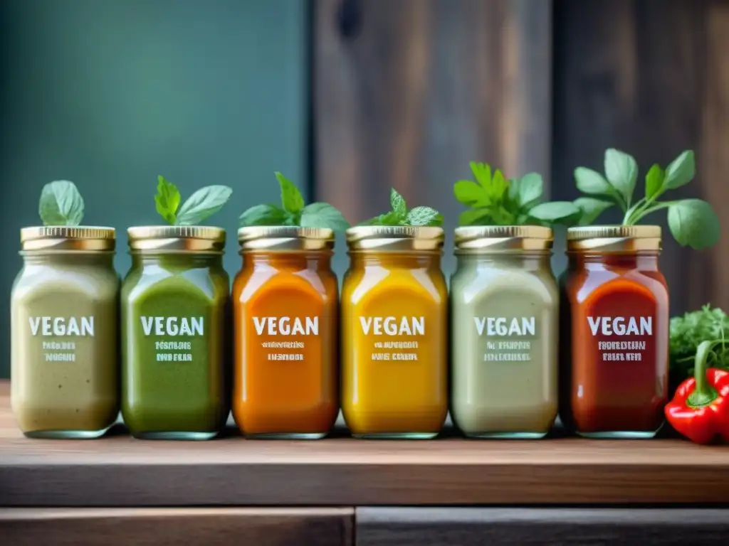 Una selección vibrante de salsas veganas sin gluten innovadoras en frascos elegantes sobre una mesa de madera rústica