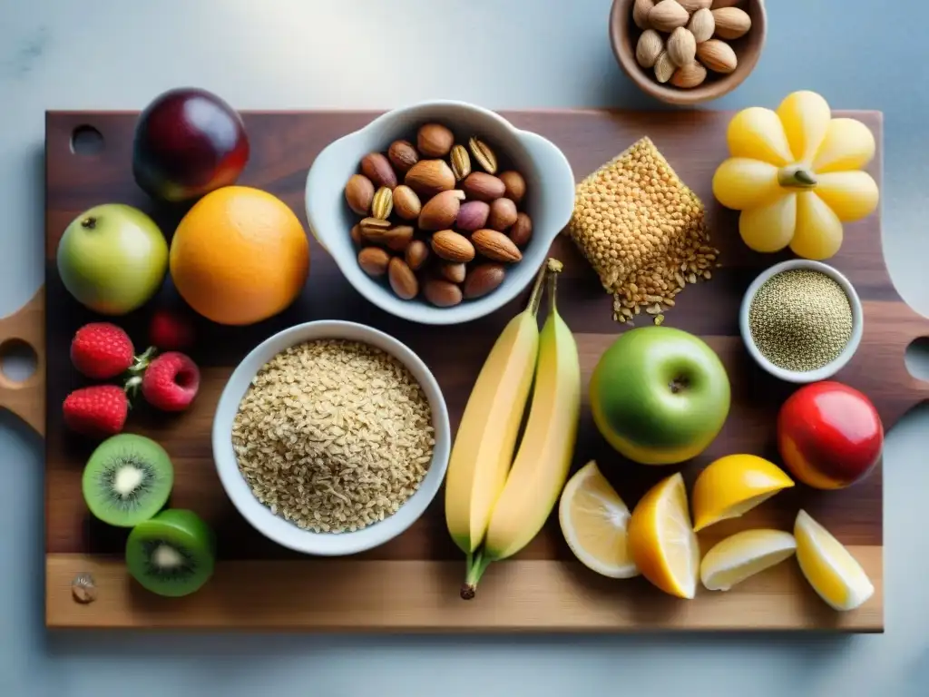 Una selección vibrante de snacks saludables sin gluten y paleo en tabla de madera, con luz natural en cocina