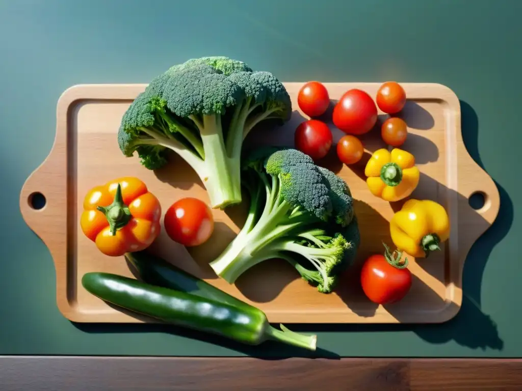 Una selección vibrante de vegetales frescos en tabla de madera