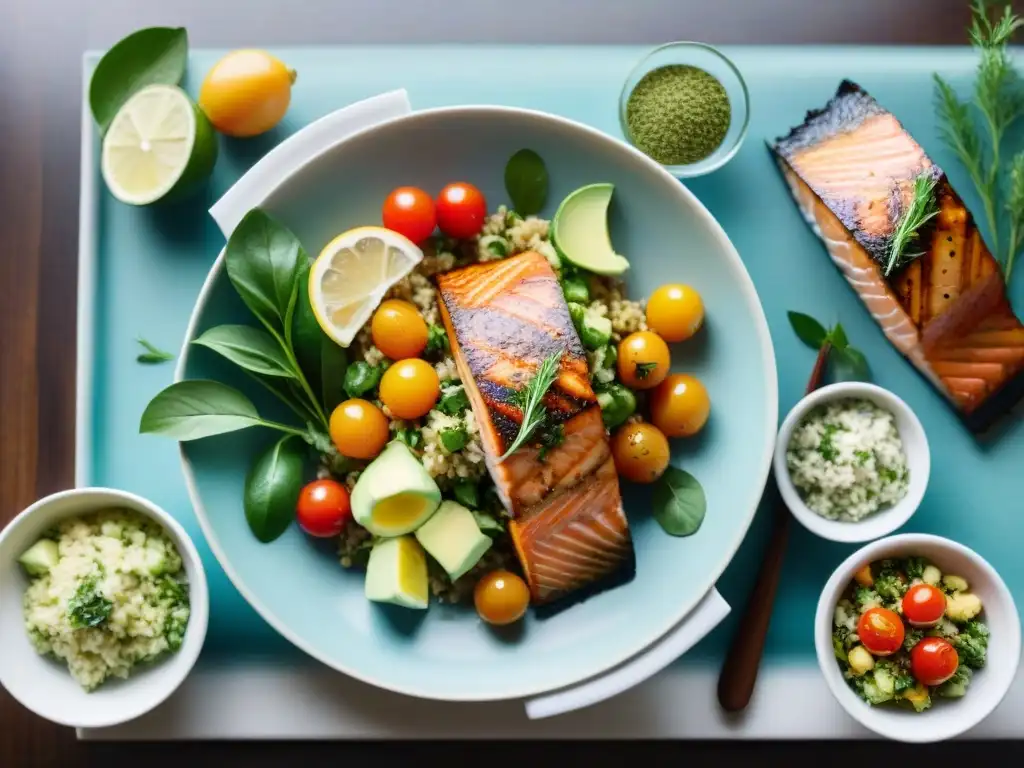 Menús Paleo sin gluten semanales: Mesa de madera con platos coloridos y apetitosos, bañados por luz natural