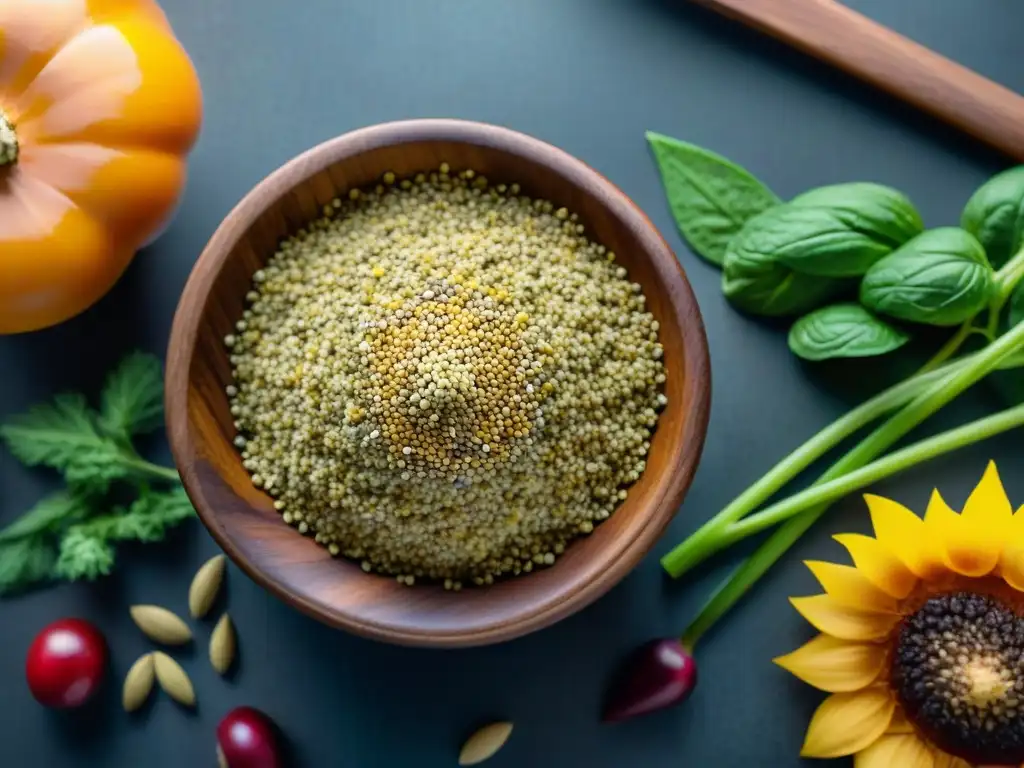 Semillas coloridas brillantes sobre encimera de madera rodeadas de frutas y verduras frescas