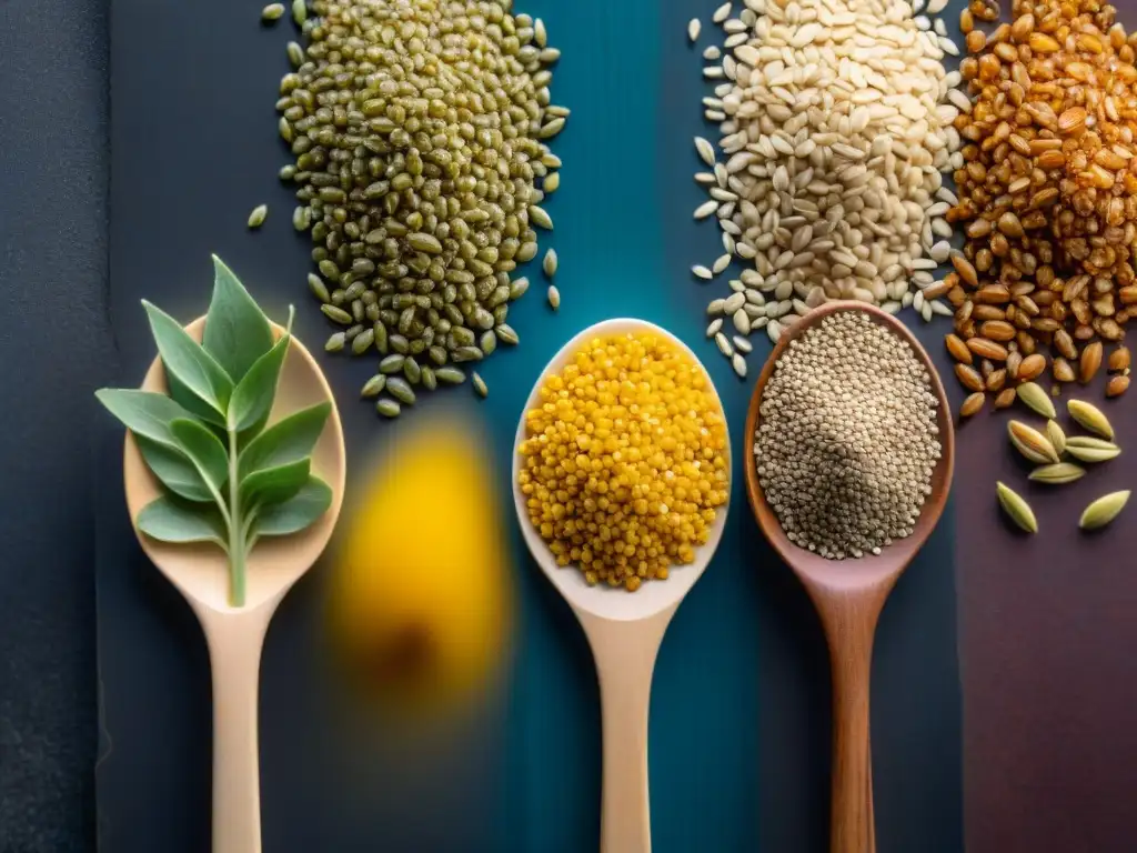 Semillas variadas en una composición artistica Semillas sin gluten beneficios: Detalle colorido de chía, lino, quinua y girasol en superficie oscura