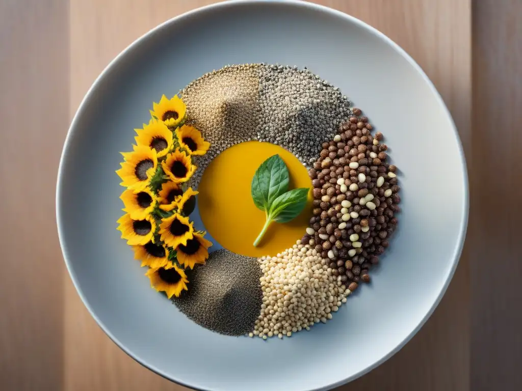 Semillas sin gluten: belleza y nutrición en la cocina moderna Semillas sin gluten beneficios: Variedad de semillas naturales como chía, linaza, quinoa y girasol en un elegante mostrador de cocina