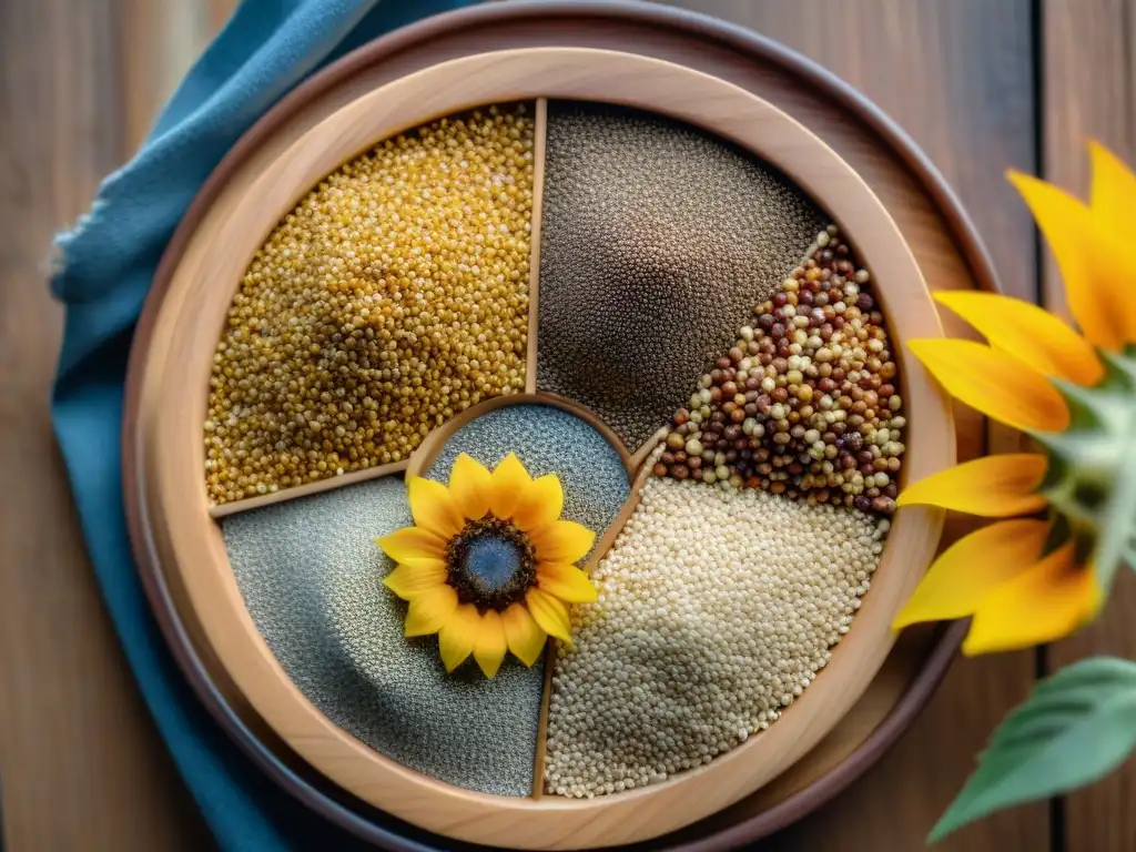 Semillas variadas en círculo: chía, quinoa, lino y girasol Semillas sin gluten beneficios: Variedad de semillas coloridas en patrón circular sobre madera rústica, iluminadas por luz cálida