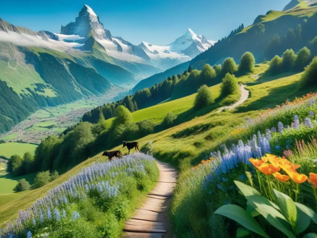 Senderismo sin gluten en los Alpes suizos: Naturaleza y aventura Senderismo sin gluten en Europa: sendero alpino sereno con montañas nevadas, flores silvestres y refugio acogedor