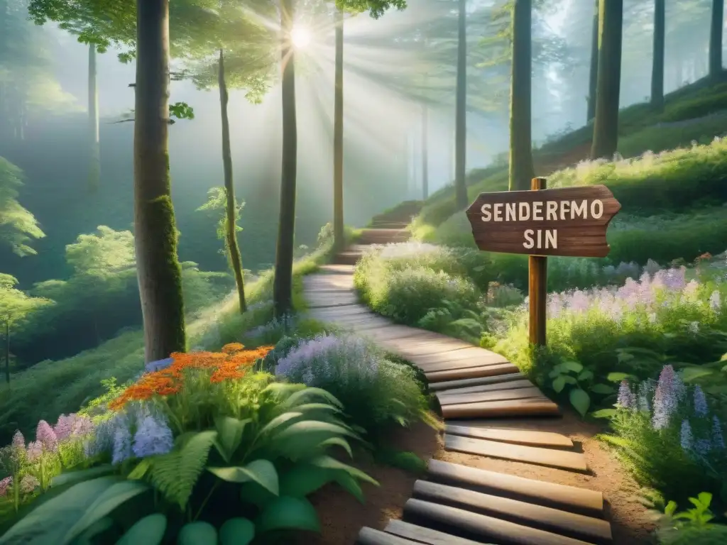 Senderismo sin gluten: aventura en el bosque europeo Un senderismo sin gluten Europa en un bosque sereno con un sendero soleado y coloridas flores silvestres