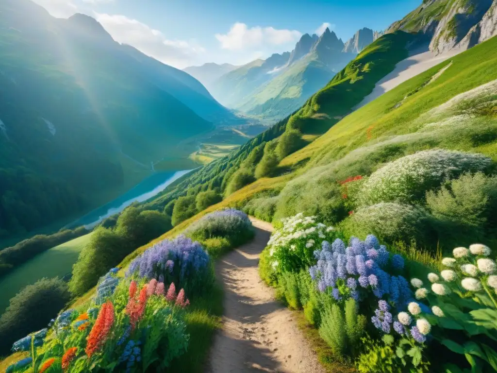 Sendero sereno entre bosques verdes y montañas nevadas Un senderismo sin gluten en Europa: sendero sereno entre bosques verdes, montañas nevadas y flores silvestres coloridas