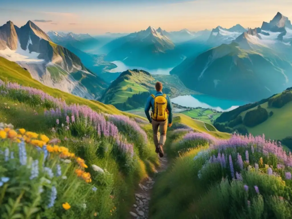 Sendero alpino en Suiza: puesta de sol dorada entre montañas nevadas Senderismo sin gluten Europa: Sendero de montaña serpenteante en los Alpes suizos al atardecer, rodeado de praderas verdes y flores silvestres