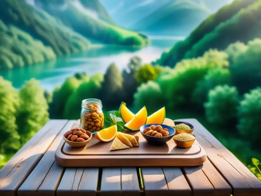 Sendero en el bosque: merienda sin gluten junto al lago Senderismo sin gluten en Europa: Sendero en bosque verde con snacks sin gluten en mesa de picnic junto al lago