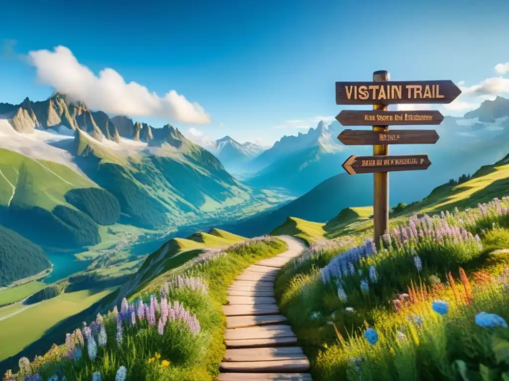 Sendero alpino sereno: flores silvestres y montañas nevadas en los Alpes Un sendero alpino sereno en Europa con flores silvestres, picos nevados y señal de madera, ideal para senderismo sin gluten en Europa