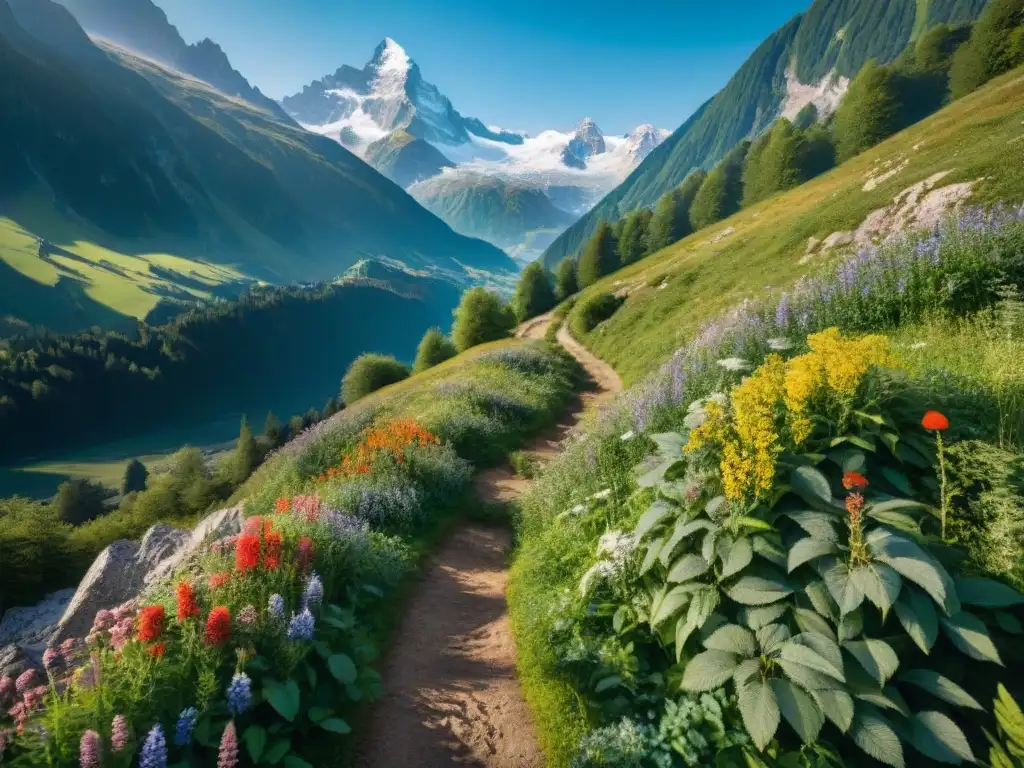 Sendero alpino: belleza natural en los Alpes europeos Un sendero de montaña serpenteando entre bosques verdes en los Alpes, con flores silvestres y picos nevados