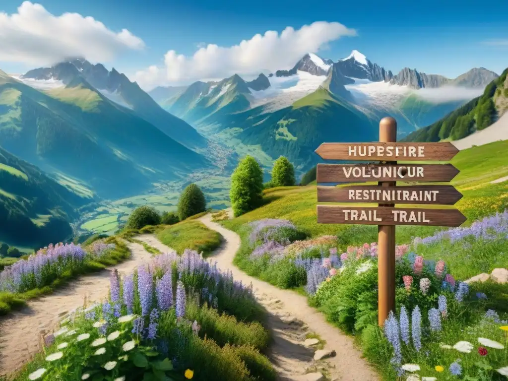 Sendero de montaña sin gluten en Europa: ¡un paraíso natural y culinario! Un sendero sin gluten en Europa: cartel de madera en un bosque frondoso con picos nevados al fondo