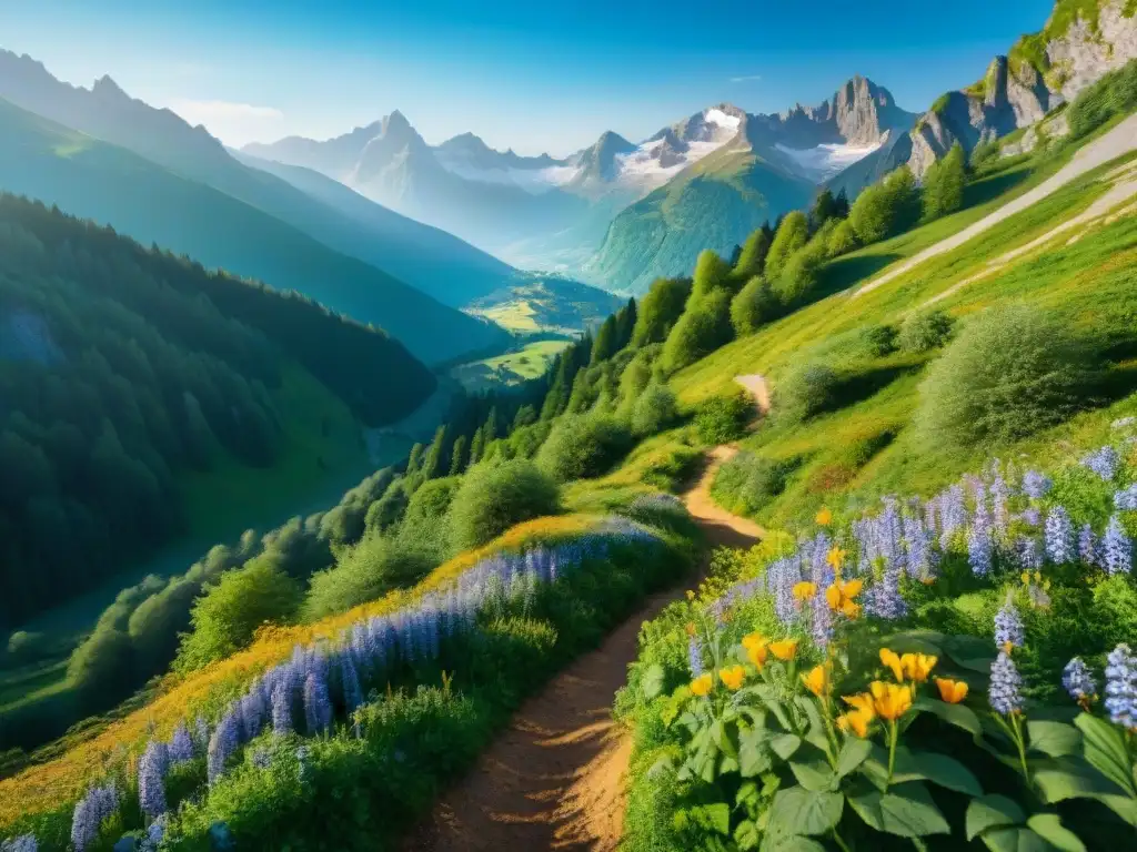 Sendero de montaña en Europa: naturaleza y aventura Un sendero serpenteante en un bosque verde de montaña en Europa, con flores silvestres y picos nevados al fondo