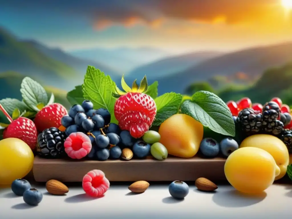 Una sinfonía de alimentos antioxidantes en una dieta sin gluten, iluminados por un amanecer vibrante