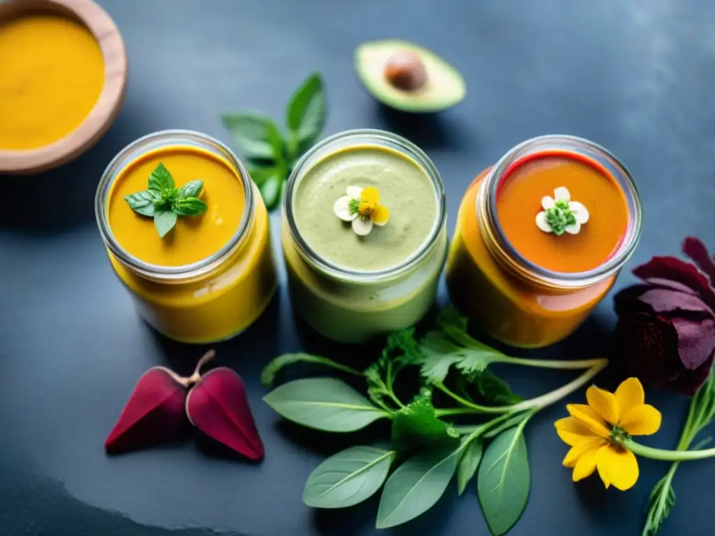 Una sinfonía de salsas veganas sin gluten innovadoras en frascos de vidrio, presentadas con elegancia y colorido en una tabla rústica