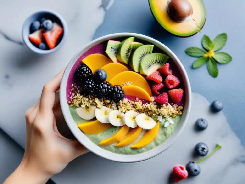 Un smoothie bowl sin gluten delicioso con bayas frescas y flores comestibles en un elegante tazón de cerámica sobre una encimera de mármol