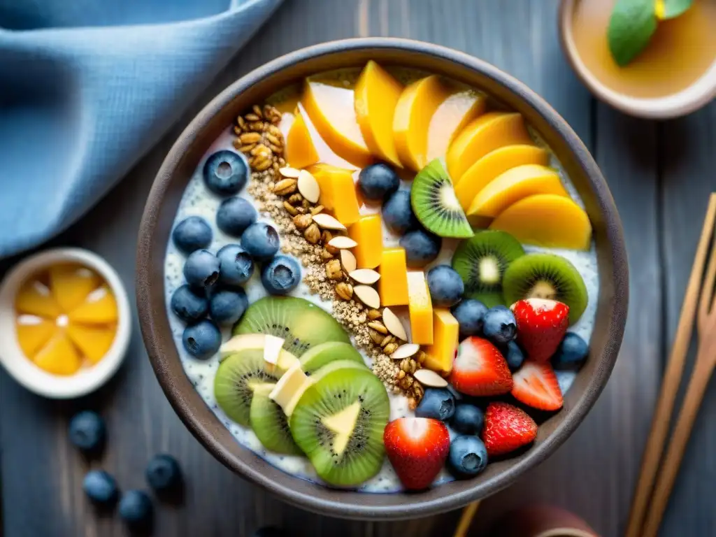 Un smoothie bowl sin gluten vegano, lleno de frutas coloridas y toppings, en una escena apetitosa