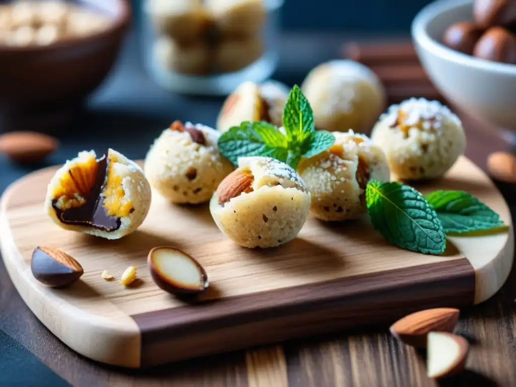 Snack saludable almendras sin gluten: Variedad de tentadores bocadillos de almendra dispuestos artísticamente en tabla de madera