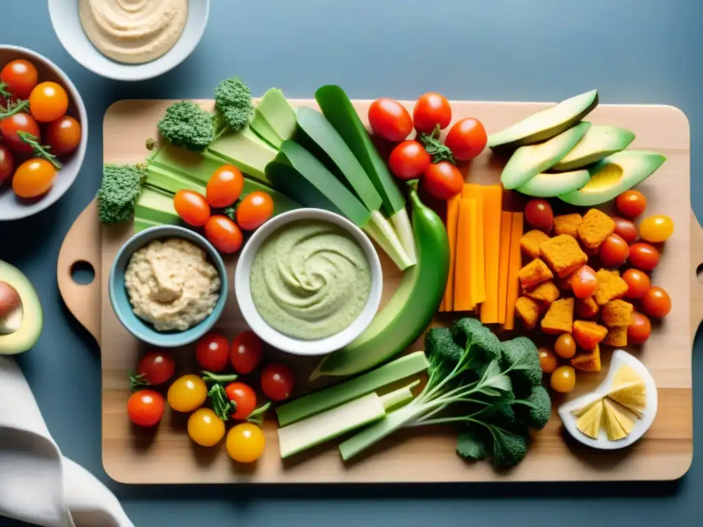 Snacks sin gluten para deportistas: variada selección de vegetales, crackers y aderezos en tabla de madera