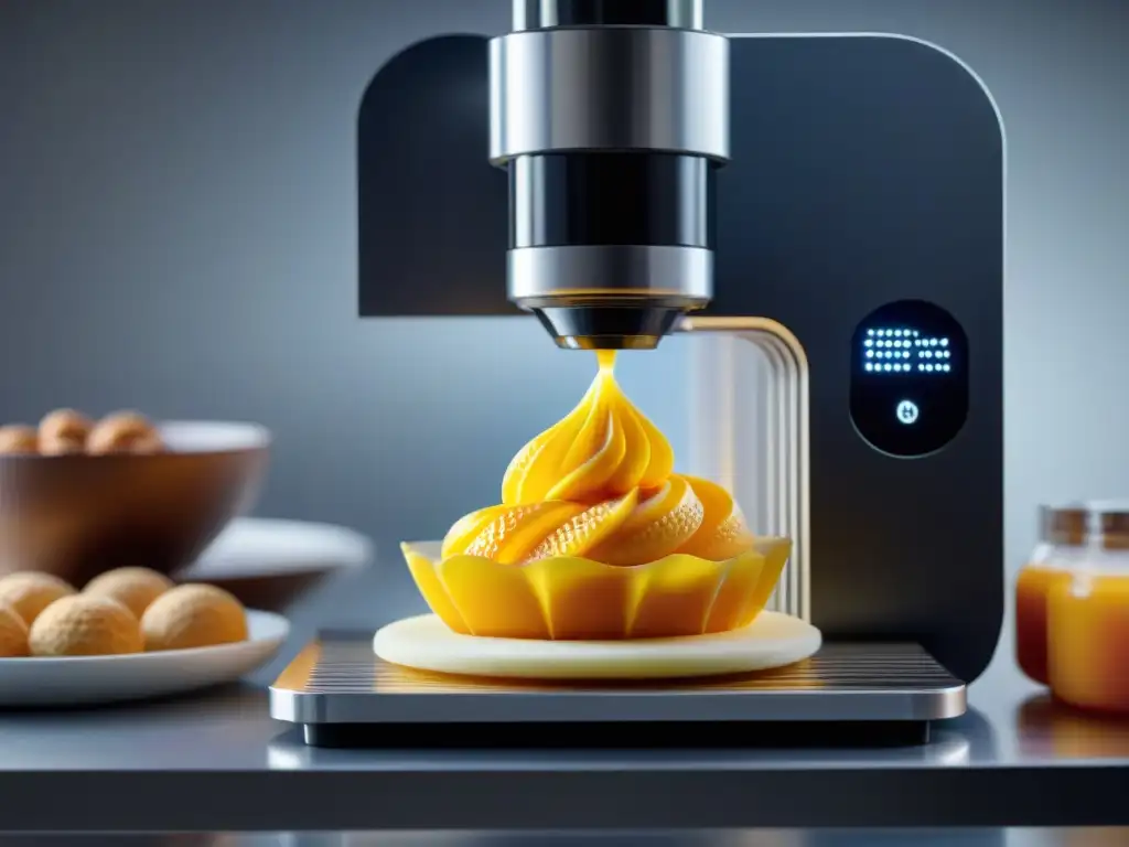 Innovadora impresión 3D de repostería sin gluten Un sofisticado impresora 3D creando pastelería sin gluten con precisión