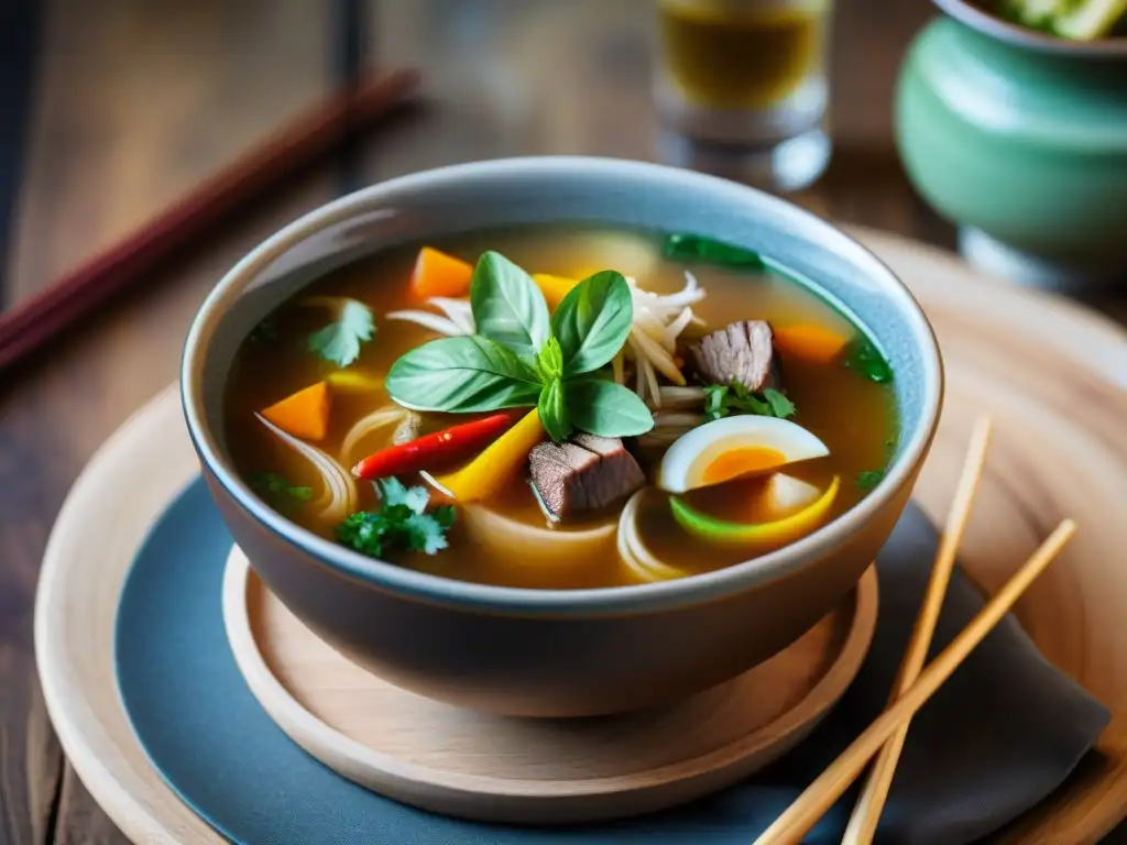 Una sopa asiática sin gluten innovadora: un tazón humeante con caldo aromático, verduras coloridas, carne tierna y hierbas frescas