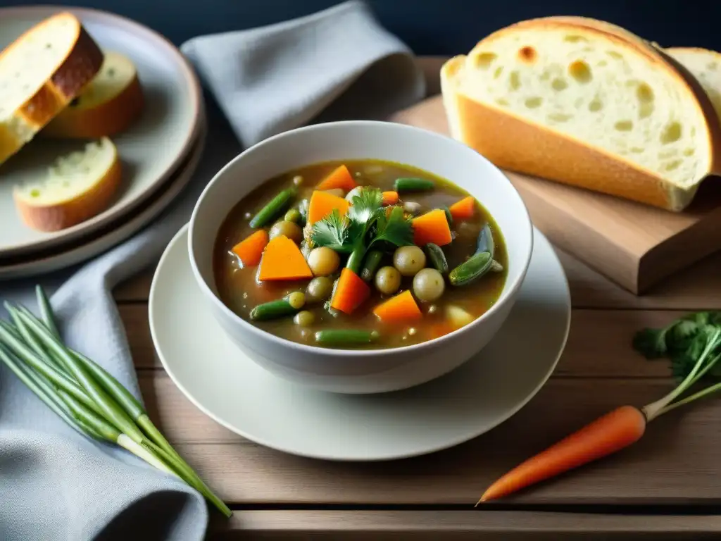 Sopas sin gluten para invierno: Un reconfortante plato de sopa de verduras humeante y colorida en una mesa rústica