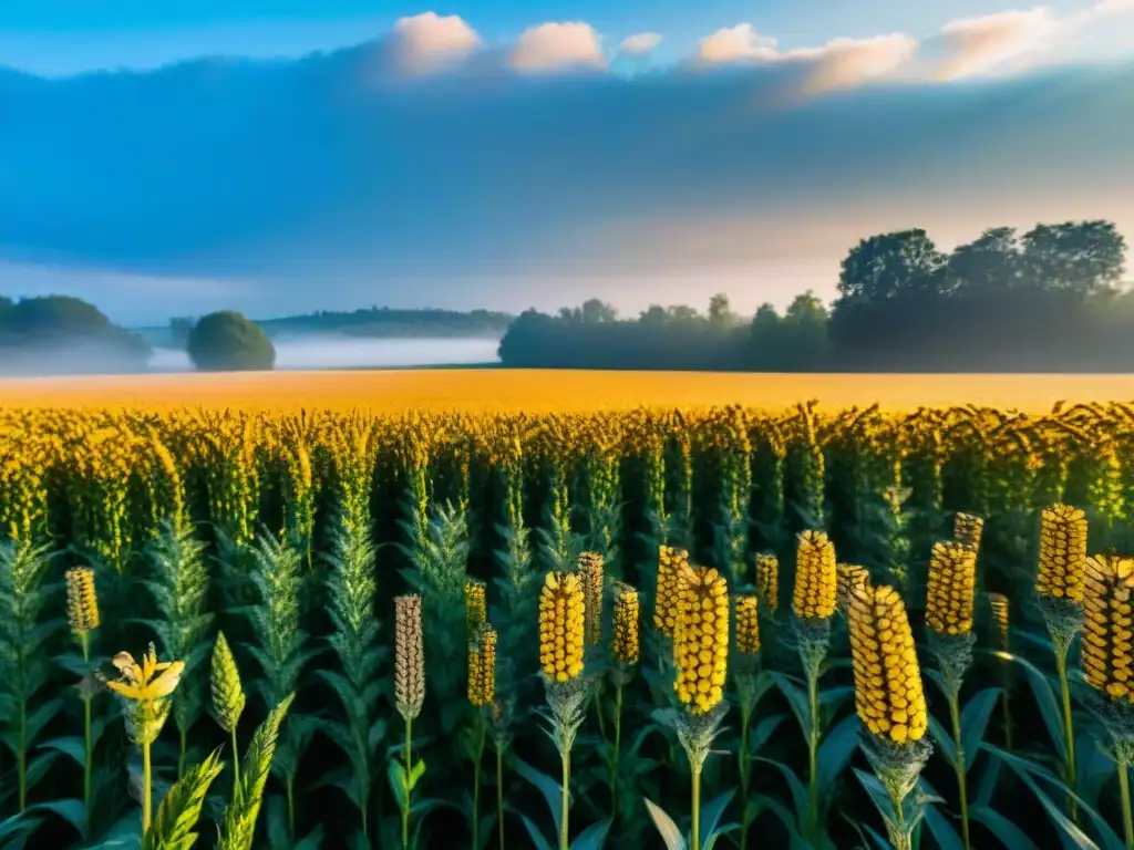 Sostenibilidad en la industria alimentaria sin gluten: campo de trigo dorado, planta de procesamiento y naturaleza en armonía