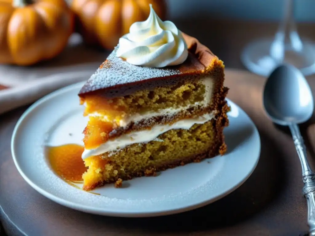 Suave rebanada de bizcocho de calabaza sin gluten con crema batida y canela en plato blanco