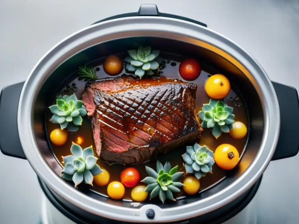 Una suculenta carne asándose lentamente en olla, rodeada de hierbas y vegetales, transmitiendo calidez y comodidad